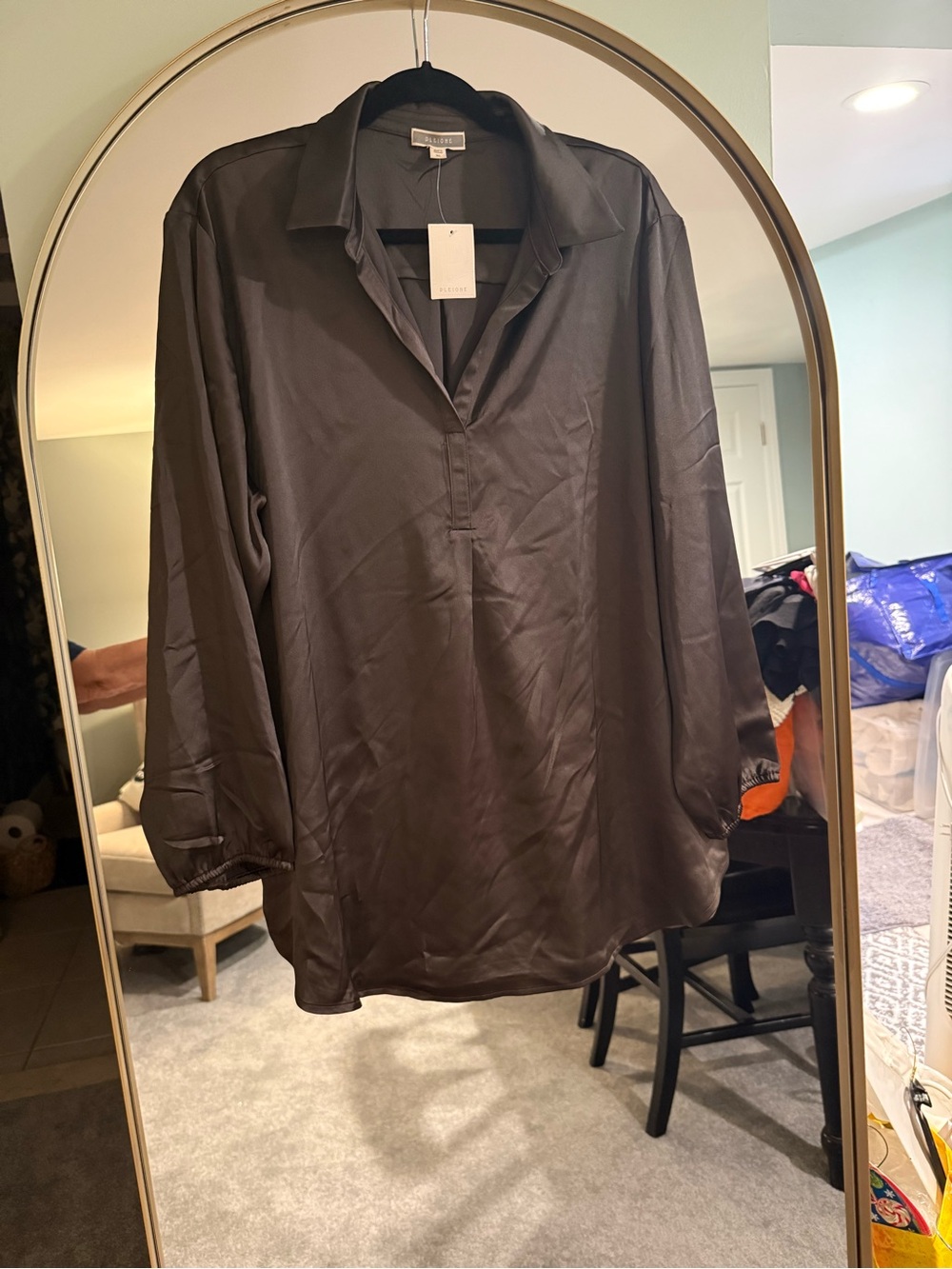 Pleione Chocolate Brown/Gray Satin V-Neck Long Sleeve Blouse